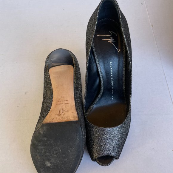 Giuseppe Zanotti Peep Toe Pumps Sz 39 Black/Grey Glitter Fabric Stiletto Heels - Picture 4 of 12